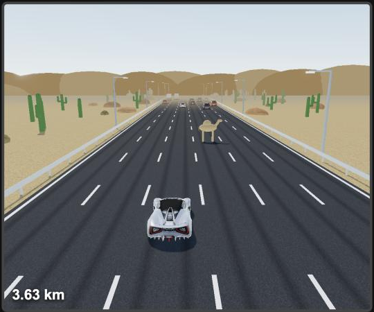 A camel crossing a desert highway