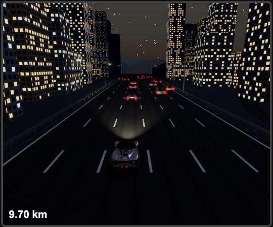 Driving through a city at night, windows lit up, traffic tail lights glowing ahead