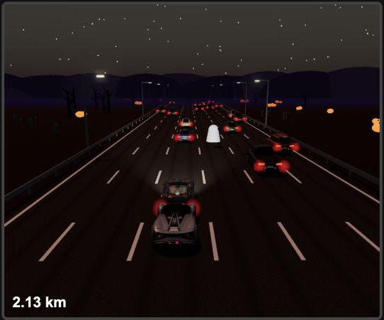 Spooky Halloween road with a ghost and glowing pumpkins